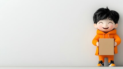 Poster - Charming 3D Rendered Cartoon Personage Gripping an Unbranded Cardboard Container in a Playful and Imaginative Style with Dynamic Composition and Eye Catching Colors
