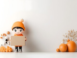 Poster - Delightful 3D Rendered Animated Character Holding a Simple Cardboard Box with Friendly and Endearing Aesthetics Emotive Gestures and Vivid Color Palette