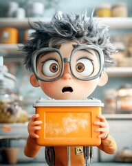 Poster - Friendly 3D animated character with an engaging and delightful personality holding a bold stylized rectangular container in a lighthearted playful