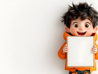 Poster - Mischievous and lighthearted 3D rendered cartoon character playfully clutching a blank cardboard box against a minimalist white backdrop suitable for children s products and creative designs