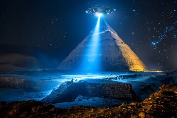 Alien Spaceship Shooting Luminous Beam Down to Enigmatic Pyramid in Night Landscape