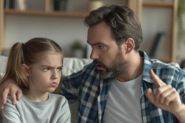 A father speaks seriously to his daughter, addressing an important issue at home in a cozy living room setting