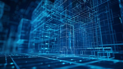 Wall Mural - Futuristic Blueprint Building with Scan Lines and 3D Perspective Technology Background
