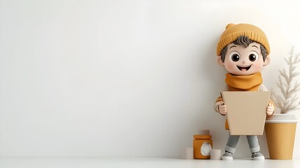 Poster - Cheerful and Playful Animated Persona Holding an Empty Cardboard Container in a Clean White Studio Environment Ideal for Kid Friendly Designs and