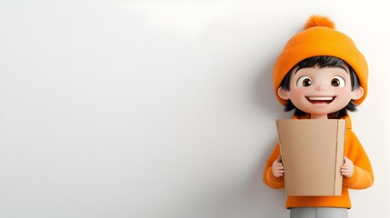 Poster - Cheerful animated persona holding an empty cardboard container appearing playful and imaginative ideal for kid friendly designs and product packaging in a clean white studio environment