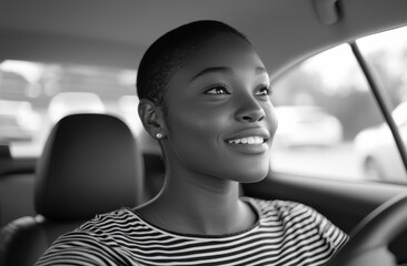 Confident woman driver smiling in car interior showcasing joy and empowerment behind the wheel