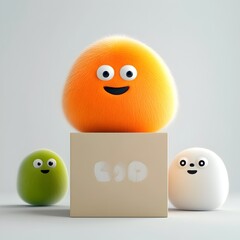 Poster - 3D Rendered Image of a Cheerful Toon Character Interacting with a Plain Cardboard Box in a Serene All White Setting with a Bright and Airy Atmosphere