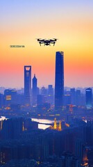 Canvas Print - A drone hovers over a city skyline at sunset, capturing urban beauty and technology.