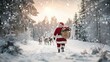 © Phongsri - Santa Claus walking through a snow-covered forest, carrying a sack of gifts over his shoulder, with reindeer trailing behind him and a peaceful winter scene in the background