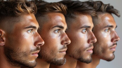 Wall Mural - Exploring different side profiles of a young man with stylish haircuts in natural light for a striking visual effect. Generative AI