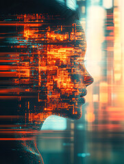 Poster - A profile view of a person infused with glowing data lines, symbolizing the connection between technology and human evolution.