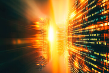 Poster - A futuristic scene of glowing digital code with light rays, representing technology and data transformation concepts.