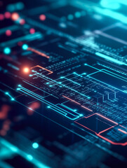 Poster - A close-up view of a neon-lit circuit board, illustrating the complexity of technology and digital electronics.