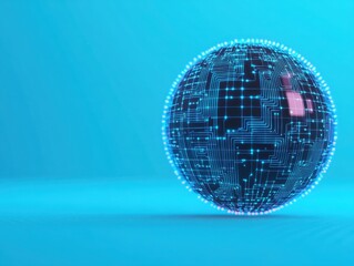 Futuristic globe with digital circuits, glowing lights, and a sleek blue background, perfect for technology and innovation themes.