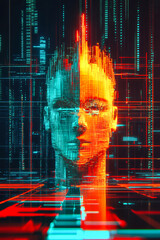 Poster - A face composed of intricate geometric patterns emerges in striking red and blue tones, highlighting humanity's digital evolution.