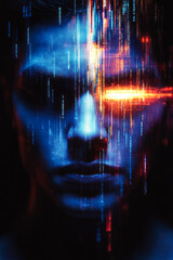 Poster - A digitally abstract face in cool blue hues burns with fiery orange eyes, capturing the essence of technological intensity and insight.