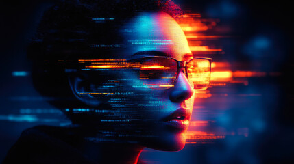 Poster - A woman's face with glasses, surrounded by dynamic, colorful digital light trails, representing futuristic and digital themes.