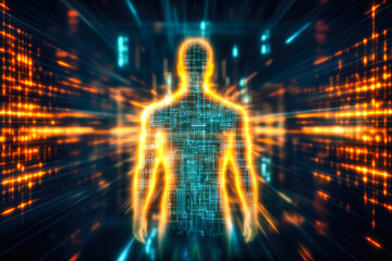 Poster - A digital humanoid silhouette enveloped in dynamic beams of vibrant light, representing technological evolution and connectivity.