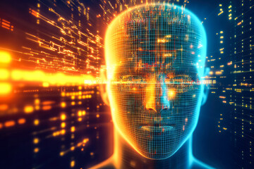 Poster - An abstract digital depiction of a head enveloped in a vibrant and intricate grid of futuristic light patterns and data streams.