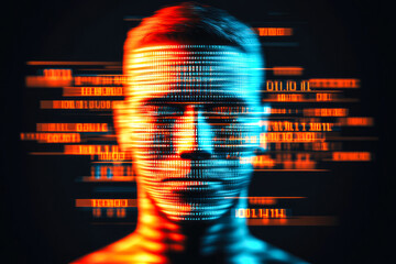 Abstract dual-colored face with binary code overlay, representing the fusion of identity and technology in modern times.