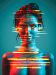 Poster - Futuristic digital portrait of a human face with binary code, blending technology and humanity in blue and orange hues.