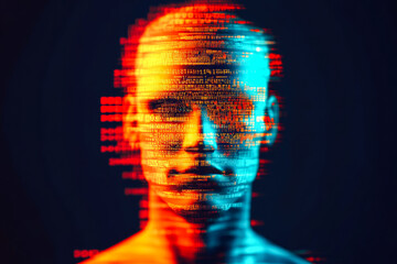 Poster - Digital face with intricate code patterns in glowing colors, representing modern technology and artificial intelligence convergence.