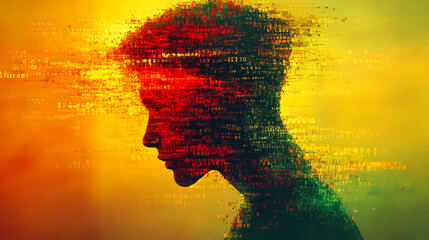 Poster - A fragmented portrait in hues of red and yellow, representing the deconstruction and fusion of digital identity and human emotion.