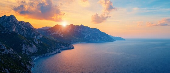 Wall Mural - effects visuals enhancement stunning sunset over serene coastal landscape a majestic view of mountai