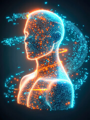 Poster - An abstract form of a man defined by a neon grid pattern, symbolizing integration of technology into human experience.