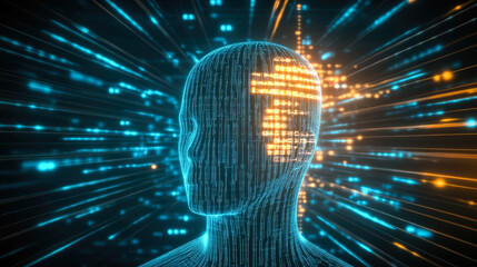 Poster - A digital representation of a human head with glowing data lines, symbolizing intelligence and technology evolution.