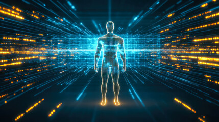 Poster - A front-facing digital depiction of a human with flowing light patterns, representing the convergence of technology and humanity.