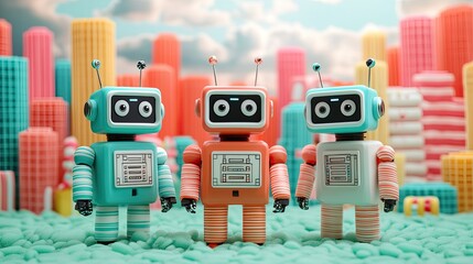 Three colorful, retro-style robots stand in a vibrant, blocky landscape filled with pastel-colored buildings.