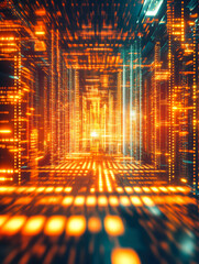 Poster - An illuminated tunnel of orange-hued digital data creates a sense of depth and movement, embodying advanced networks in concept.