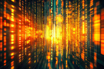 Poster - A vertical cascade of glowing digital lines in warm colors, representing the flow of futuristic data and technological energy.