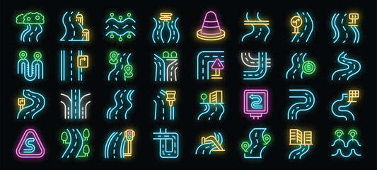 Poster - Collection of vibrant neon icons depicting various types of roads, paths, and highways, illuminating the concept of travel, transportation, and infrastructure