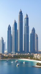 Wall Mural - A skyline featuring tall skyscrapers near a beach with boats and clear skies.