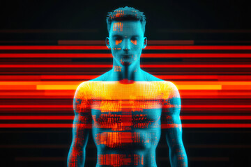 Poster - In this image, a digital figure stands amid red and blue linear graphics, depicting the balance of technology and identity.