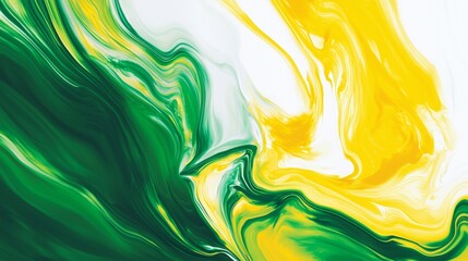 Poster - Green, yellow and white acrylic paint mixing together creating interesting shapes and textures, perfect for backgrounds