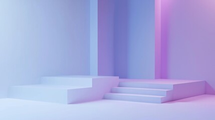 Poster - Mesmerizing 3d shapes on empty podiums in a modern setting. Vibrant colors and clean design for commercial use. Trendy and stylish illustration for showcasing products