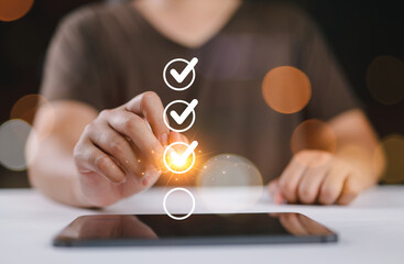 Poster - inspector makes mark on the survey topic ,Checklist with checkmarks and checkboxes ,checklist ideas, online quality assessment ,checkbox to conduct opinion and quality surveys or satisfaction