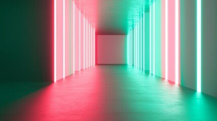 Poster - Empty futuristic corridor interior with green and red neon lights glowing on each side, illuminating an empty white wall at the end of the hallway
