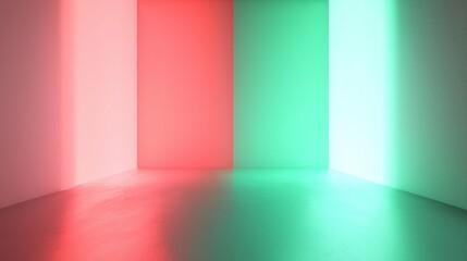 Poster - Empty room is waiting to host an event, with red and green walls illuminated by neon lights. The room is empty and perfect for showcasing a product or service