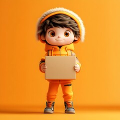 Poster - Cute and Whimsical 3D Rendered Cartoon Character Holding a Vibrant Cardboard Box with a Playful Imaginative Expression in a Children s Book Aesthetic