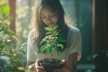 leisure time hobby, Women doing replant small tree to new pot at home, Generative AI