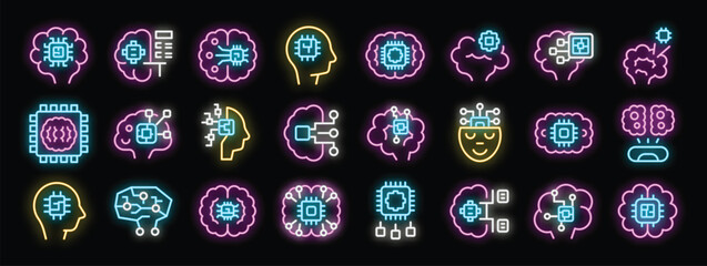 Poster - Collection of neon icons representing artificial intelligence, machine learning, and the power of processing