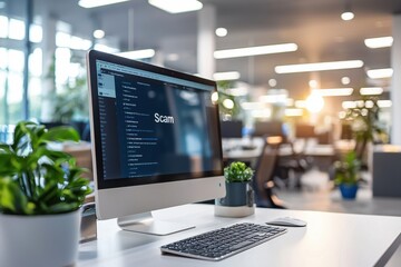 Poster - Computer screen displaying a scam email in a modern office setting with plants and bright lighting