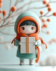 Poster - Charming 3D Rendered Anime Inspired Character Clutching a Simple Cardboard Package with Whimsical and Cheerful Expression Perfect for Kids  Merchandise and Branding