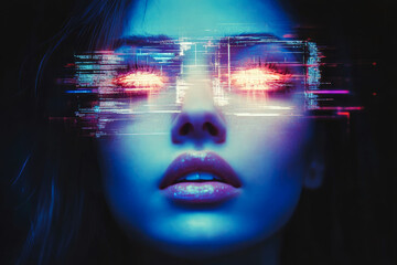 Poster - A surreal portrait of a woman with glowing digital enhancements on her eyes, illustrating a connection to technology.