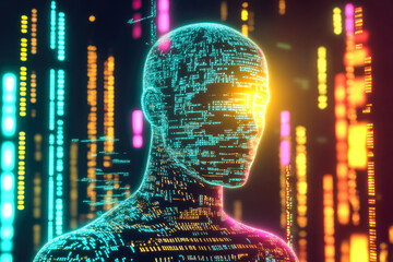 Poster - A futuristic humanoid form illustrated using vibrant lines and lights, symbolizing technology's integration with humanity.