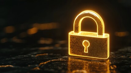 Poster - A glowing golden padlock symbolizing security and protection on a dark surface.